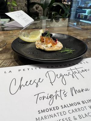 Smoked ‘Salmon’ blini with cream cheese  at La Petite Fauxmagerie in Newtown
