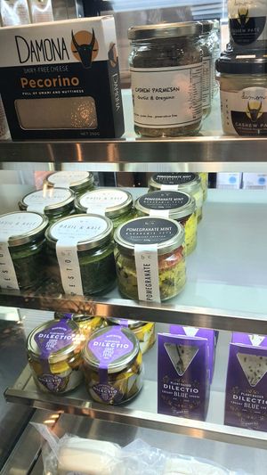 display of vegan cheeses at La Petite Fauxmagerie in Newtown