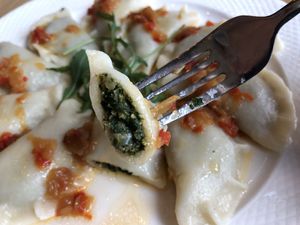 Pierogi ze szpinakiem, tofu i suszonymi pomidorami￼ at Soodi Pierogarnia in Bialystok