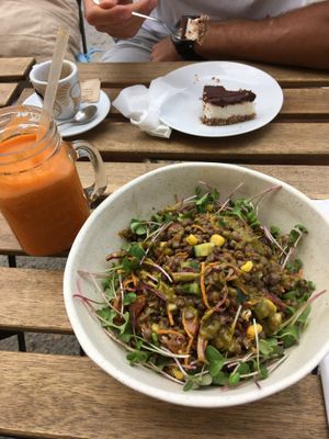 Lentil salad, smoothie and bounty cake at Alive Bistro in Marsalforn