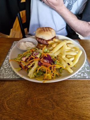 Chicken burger and fries at Alive Bistro in Marsalforn