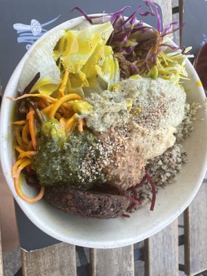 Buddha bowl with beetroot patty   at Alive Bistro in Marsalforn