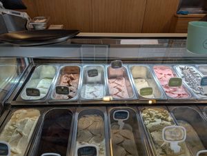 Eissorten (obere Reihe bis Erdbeere ist vegan) at Schokoladen Manufaktur  in Eisenach