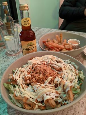 cesar salad and tempura fried veggies at Bioloco in Madrid