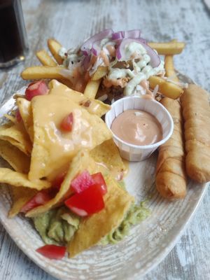 Degustación de picoteo (nachos, cerdi papas, tequeños) at Bioloco in Madrid