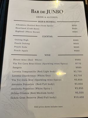 Drinks menu  at Bar de Junbo in Tokyo
