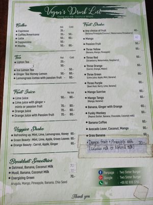 Drinks menu all vegan 2022 at The Secret Brunch in Koh Samui