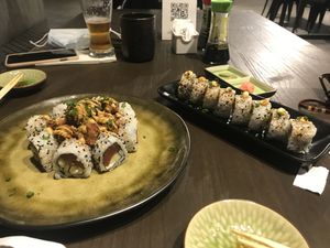 Red ocean roll with crispy tofu + H20 smoked eggplant  at Rock and Rolls Vegan Sushi in Panama City