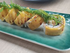 Creative roll with heart of palm and artichoke 'crab', plantain, and seaweed at Rock and Rolls Vegan Sushi in Panama City