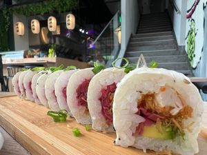 Rocker Flower, definitivamente mi roll favorito esta relleno de camaron vegano  at Rock and Rolls Vegan Sushi in Panama City