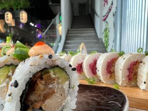 Smoke on the H2o Roll y Rocker flower  at Rock and Rolls Vegan Sushi in Panama City