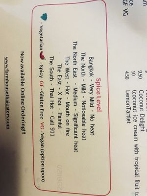 Spice Levels  at Farmhouse Thai Eatery in Lakewood