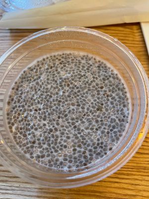 Almond milk and chia seeds dessert at Veganissim in Paris