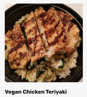 Really delicious Vegan Chicken Teriyaki with riced cauliflower - soooo good and healthy at Gaia's Kitchen and Catering in Raleigh