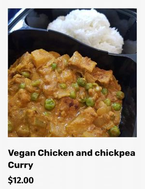 Vegan Chicken and chickpea curry - wonderful mild curry flavor at Gaia's Kitchen and Catering in Raleigh