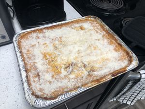 Pan of Lasagna Alla Bolognese  at Gaia's Kitchen and Catering in Raleigh