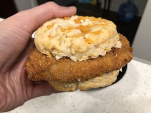 Three-Cheeze Buffalo Chick’n Biscuit  at Gaia's Kitchen and Catering in Raleigh