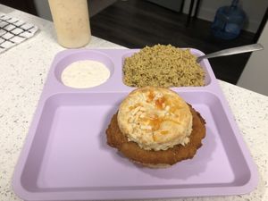 Buffalo Chick’n Biscuit Add Ranch & Rice  at Gaia's Kitchen and Catering in Raleigh