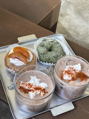 Donuts with smoke chocolate latte  at O.verte Donuts 오베흐트 도넛 in Seoul