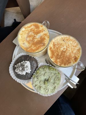 2x iced pumpkin spiced lattes, black sesame donut, matcha donut   at O.verte Donuts 오베흐트 도넛 in Seoul