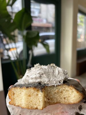 Vegan donut with black sesame and cream  at O.verte Donuts 오베흐트 도넛 in Seoul