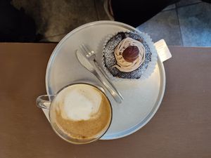 Soy vanilla latte and chestnut donut at O.verte Donuts 오베흐트 도넛 in Seoul