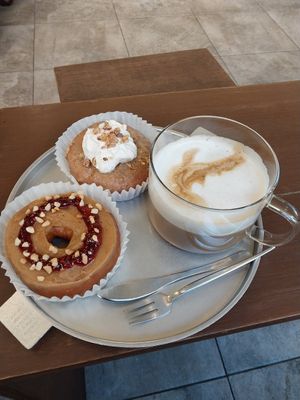 Peanut butter & jam donut, earl grey donut, hot vanilla latte at O.verte Donuts 오베흐트 도넛 in Seoul