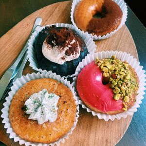 Garlic and herb cheese spread, raspberry and pistachio, chocolate hazelnut, tiramisu   at O.verte Donuts 오베흐트 도넛 in Seoul