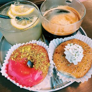 Raspberry and pistachio, garlic and herb cheese spread, lemonade, coffeee  at O.verte Donuts 오베흐트 도넛 in Seoul
