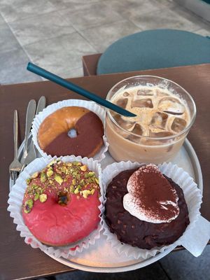 Tiramisu, raspberry-pistachio, hazelnut-chocolate, and ice coffee soy milk latte at O.verte Donuts 오베흐트 도넛 in Seoul