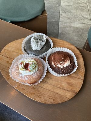 black sesame donut (mellow, mild but sweet flavor), strawberry shortcake donut (heavenly beyond description) & hazelnut chocolate donut (indistinguishable from nutella)  at O.verte Donuts 오베흐트 도넛 in Seoul
