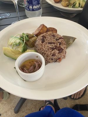 Gallo pinto for breakfast. Included fried plantains, potatoes, avocado  at Mother Earth Vegan Hotel in Tamarindo