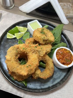 Calamari Rings (Eggplant)  at Mother Earth Vegan Hotel in Tamarindo