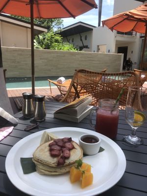 Vegan pancakes and watermelon juice at Mother Earth Vegan Restaurant in Tamarindo