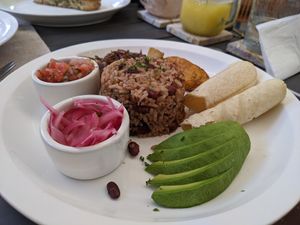 Tico breakfast at Mother Earth Vegan Restaurant in Tamarindo