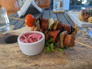 Beyond sausage kabobs  at Mother Earth Vegan Restaurant in Tamarindo