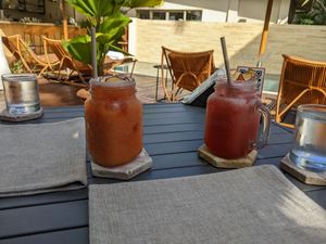 Juices for breakfast. Watermelon was the best one.  at Mother Earth Vegan Restaurant in Tamarindo