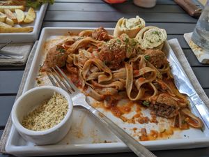 Pasta and beyond meatballs. My favorite! at Mother Earth Vegan Restaurant in Tamarindo