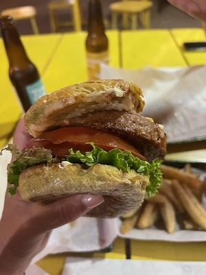 Beyond Meat Burger, look at the size of that! at Mother Earth Vegan Restaurant in Tamarindo