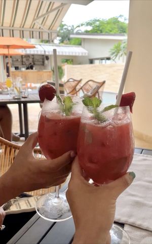 Strawberry Mojito Mocktail cocktails also available)  at Mother Earth Vegan Restaurant in Tamarindo