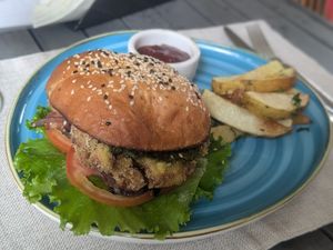 Crispy Ch'kn' Burger at Mother Earth Vegan Restaurant in Tamarindo