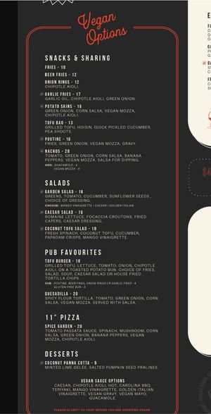 Darcy's Vegan Menu Section (as of September 2022) at Darcy's Pub in Victoria