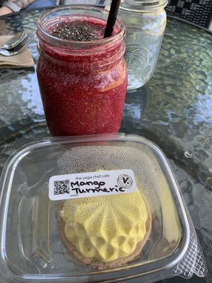 Purpose smoothie and ‘cheesecake'  at The Yoga Chef Cafe & Meal Prep in Port Coquitlam