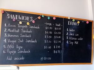 Menu board at Healthy Choices Bakery and Sandwich Shop in Mondulkiri