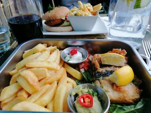 Top: Southern fried seitan chicken burger. Bottom: tofish and chips at Sage in Belfast
