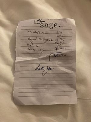 Handwritten bill at Sage in Belfast