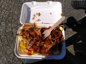 Gravy "not today seitan'" with fully biodegradable bamboo fork and eco and also biodegradable packaging!  at Harry's Place CIC in Ballynahinch