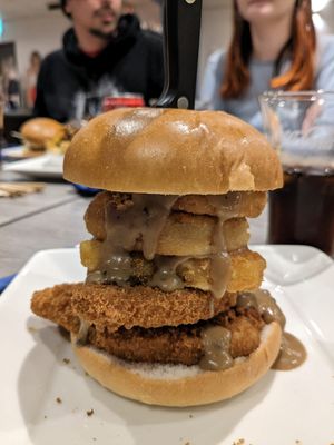 Big Daddy D burger (onion rings, 2 chick'n fillets, hash browns and pepper sauce) at Harry's Place CIC in Ballynahinch