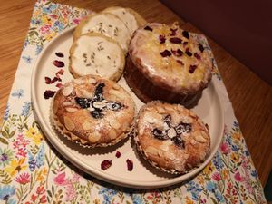 One of our festive selection boxes - Bakewell Tartlets; lemon drizzle cake; lavender shortbread. at Flora No Fauna Bakery in West London