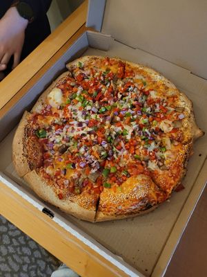 Fully loaded! Potato veggie pizza at Fat Tony's Pizza in Whistler